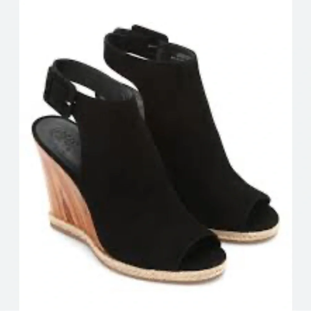 Tory Burch Black Suede Peep-Toe Wedge Sandals with Wood-Tone Heel Size 7